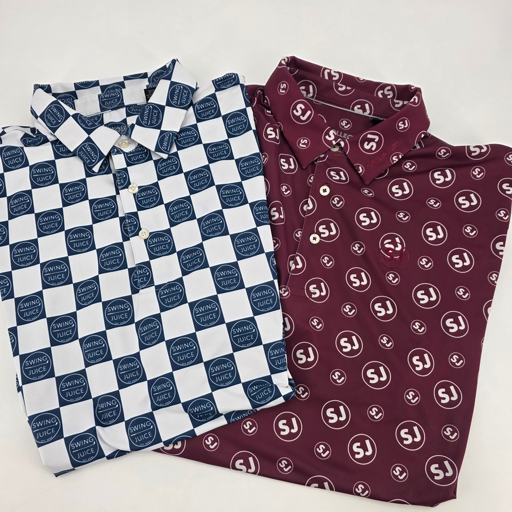 SWINGJUICE GOLF POLO MENS XL BUNDLE OF 2 BLUE MAROON WHITE LOGO CHECKERED AOP